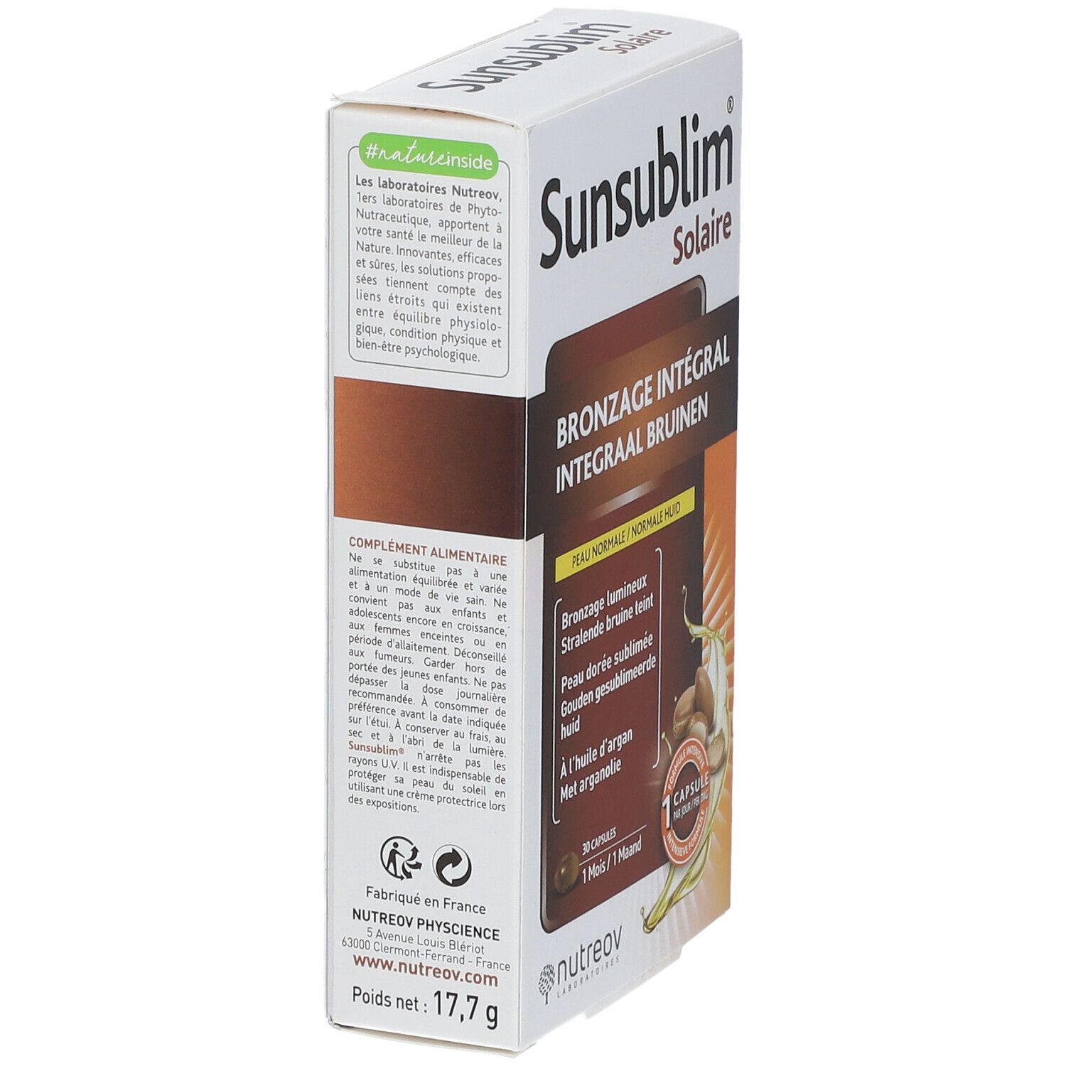 Sunsublim Solaire-Verpackung. Seitenansicht. Enthält Informationen über das Produkt und die Inhaltsstoffe. Gewicht: 17,7 g.