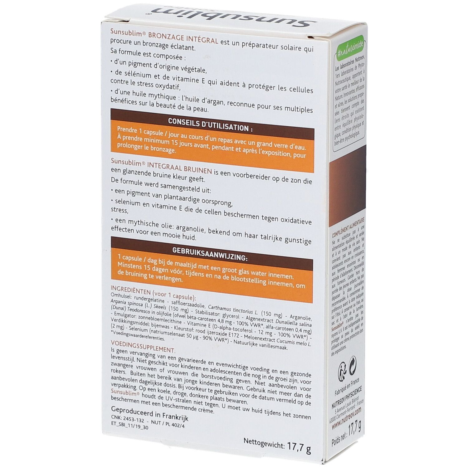 Rückseite der Sunsublim Solaire-Verpackung. Enthält Informationen zur Anwendung und Inhaltsstoffe. Gewicht: 17,7 g.