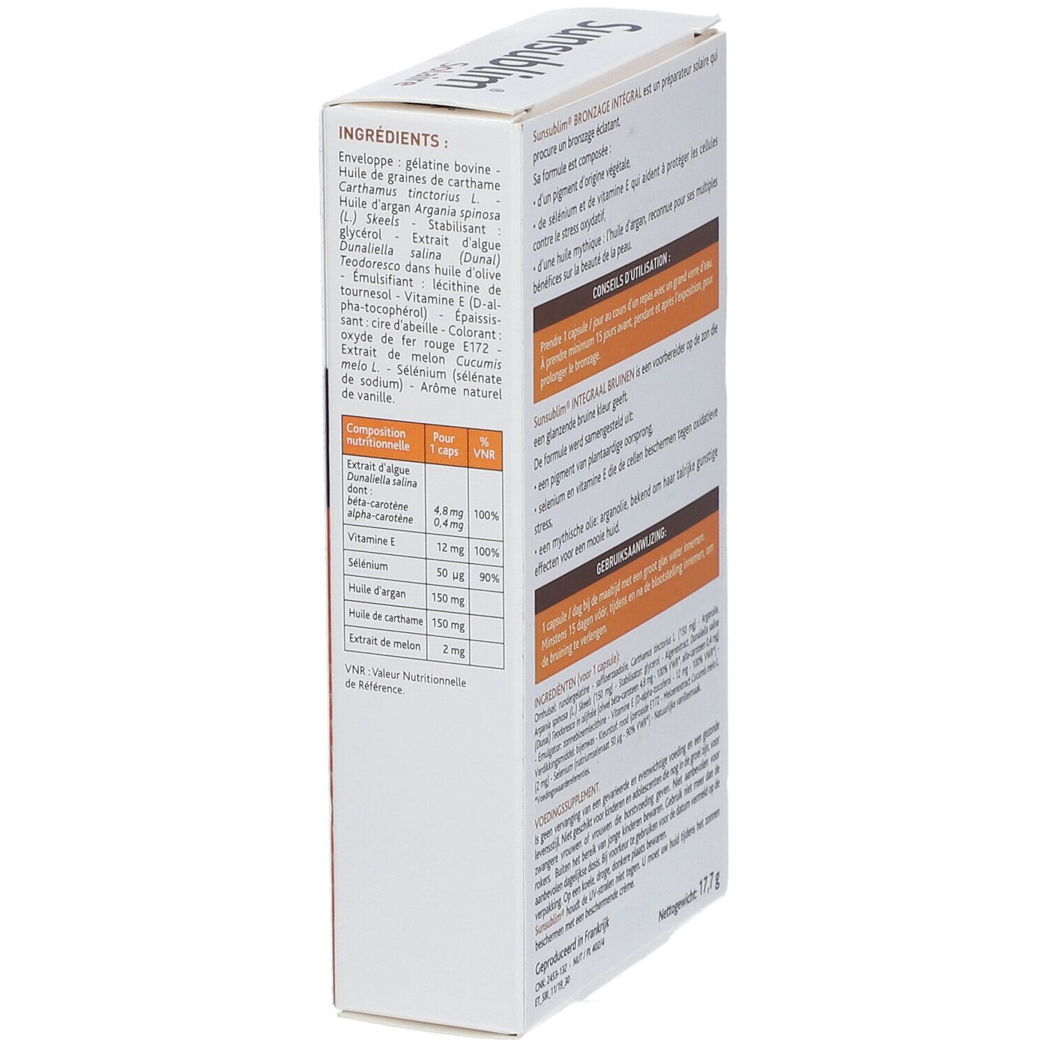 Seitenansicht der Sunsublim Solaire-Verpackung. Zeigt Inhaltsstoffe und Nährwertangaben. Gewicht: 17,7 g.