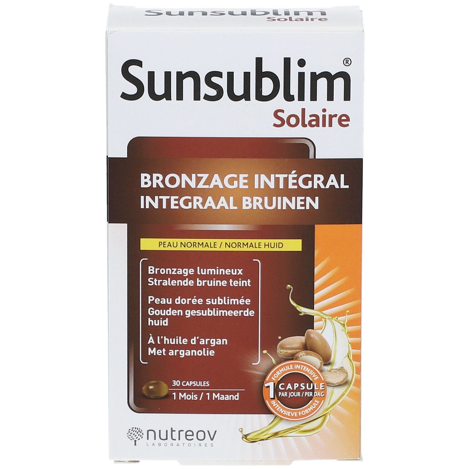 Sunsublim Solaire-Verpackung. Enthält 30 Kapseln. Aufschrift: Bronzage Integral, Peau Normale. Mit Arganöl.