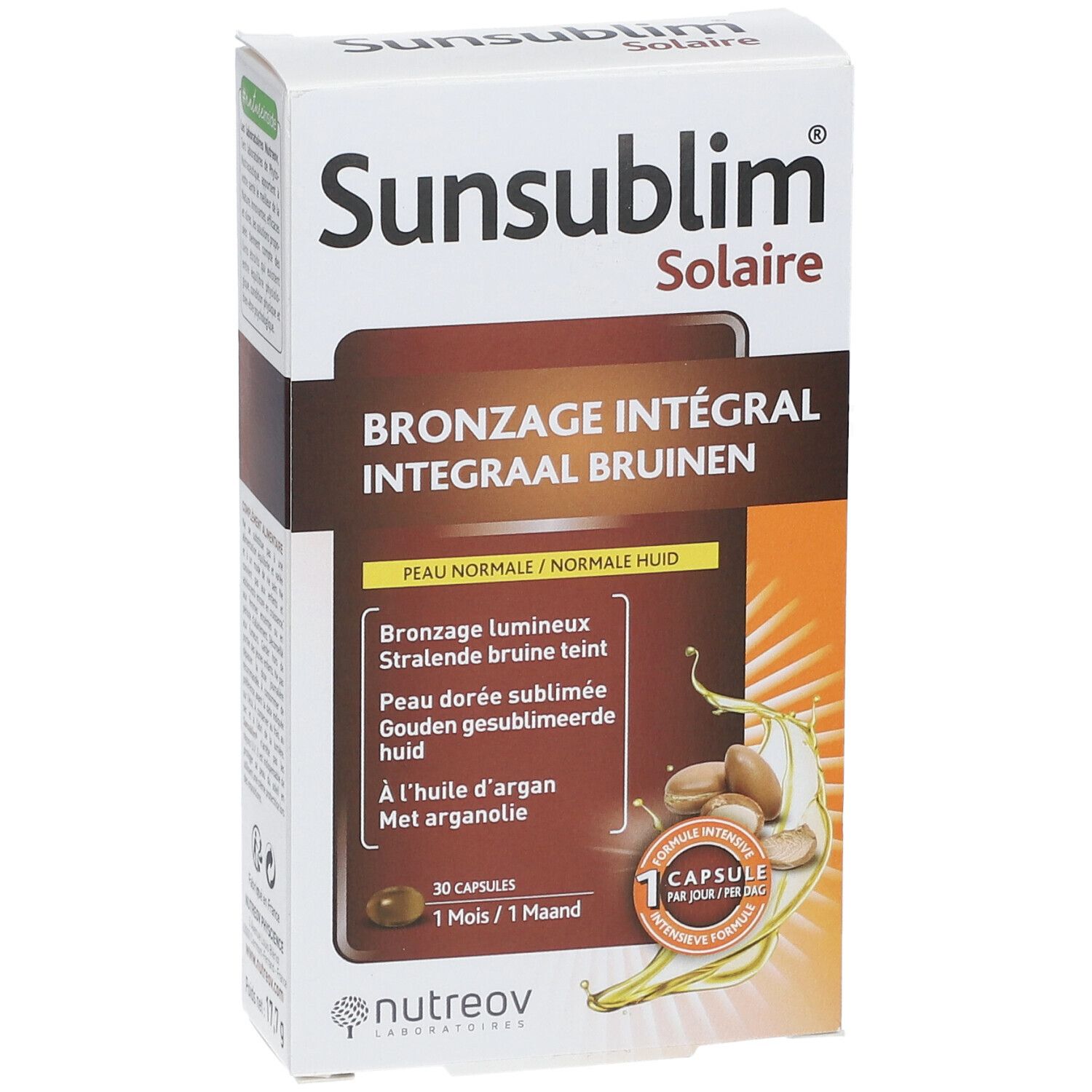 Sunsublim Solaire-Verpackung. Enthält 30 Kapseln. Aufschrift: Bronzage Integral, Peau Normale. Mit Arganöl.