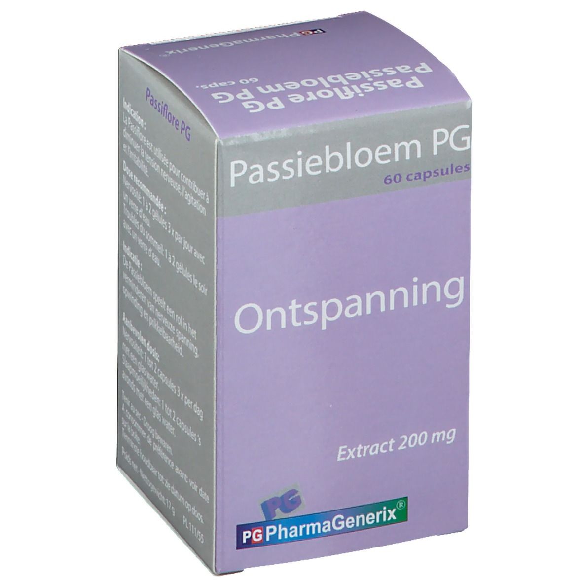 Paarse doos met 'Passiebloem PG' en 'Ontspanning'. Bevat 60 capsules. 'Extract 200 mg' is ook zichtbaar.