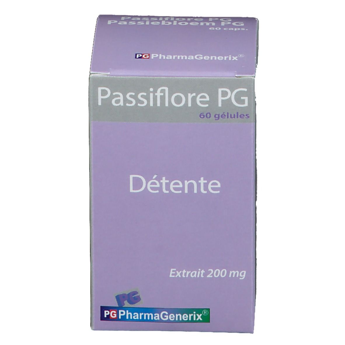 Paarse doos met 'Passiflore PG' en 'Détente'. Bevat 60 capsules. 'Extrait 200 mg' is ook zichtbaar.