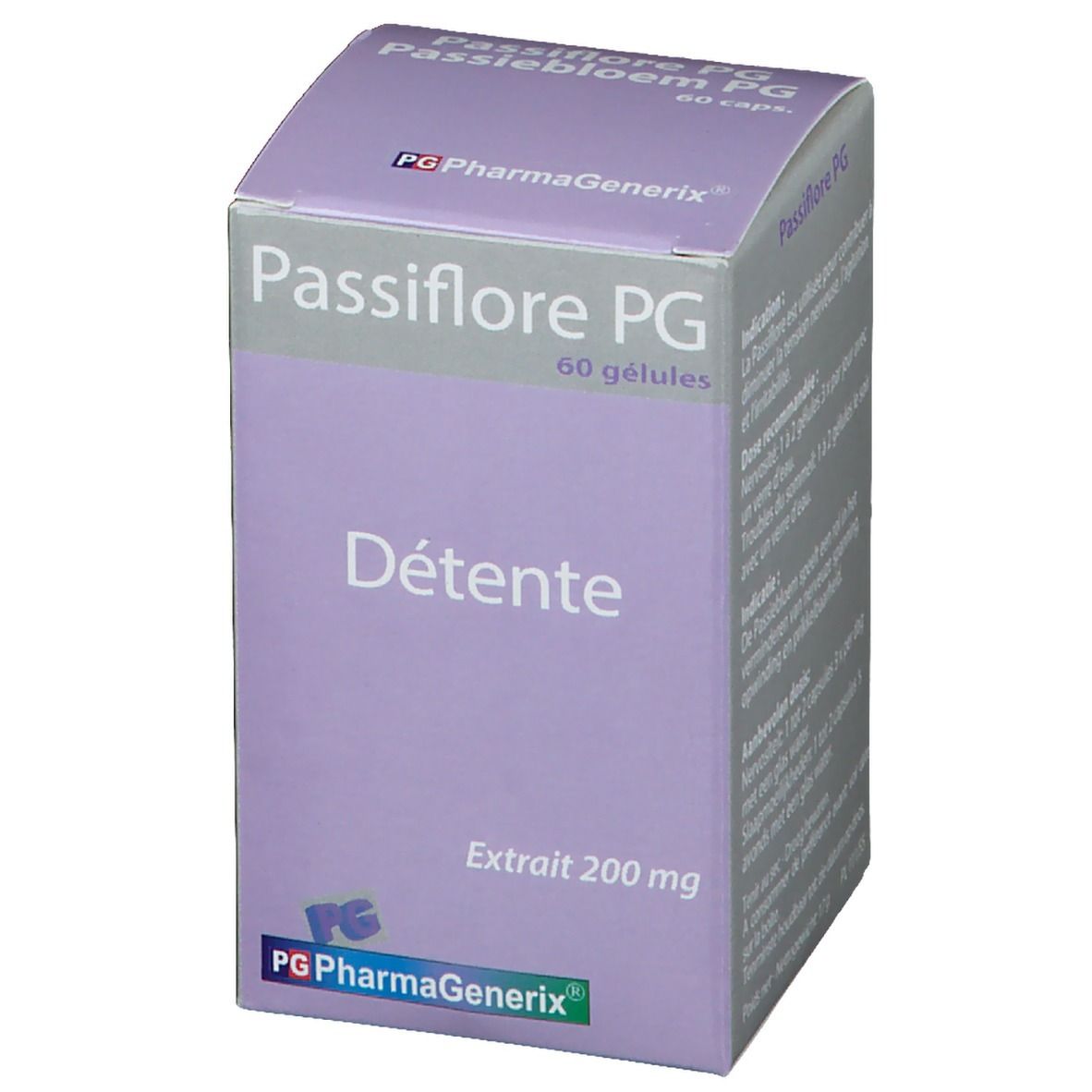 Paarse doos met 'Passiflore PG' en 'Détente'. Bevat 60 capsules. 'Extrait 200 mg' is ook zichtbaar.
