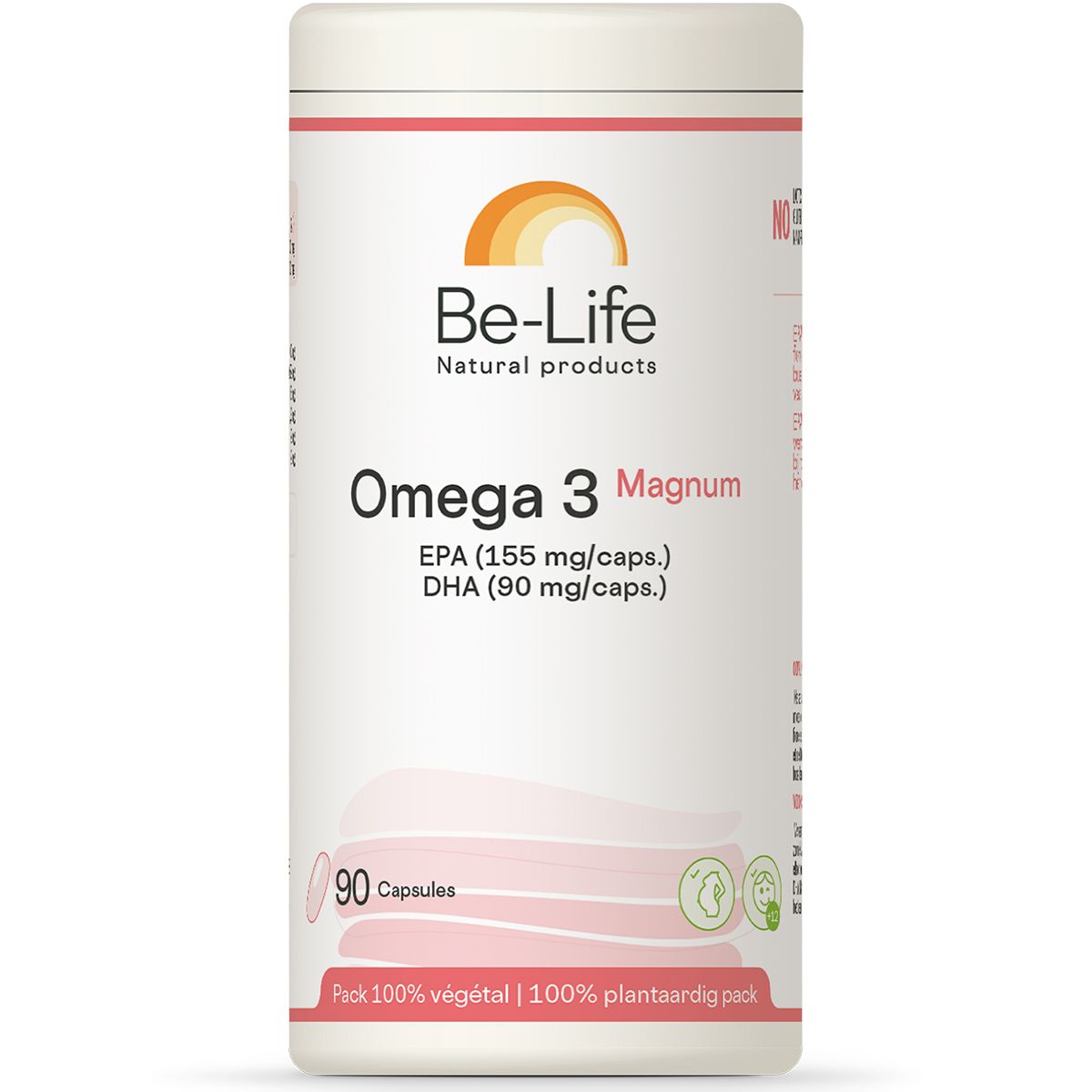 Boîte cylindrique Be-Life Omega 3 Magnum. Contient 90 capsules. Inscription : EPA (155 mg/caps.) DHA (90 mg/caps.). Emballage 100% végétal.