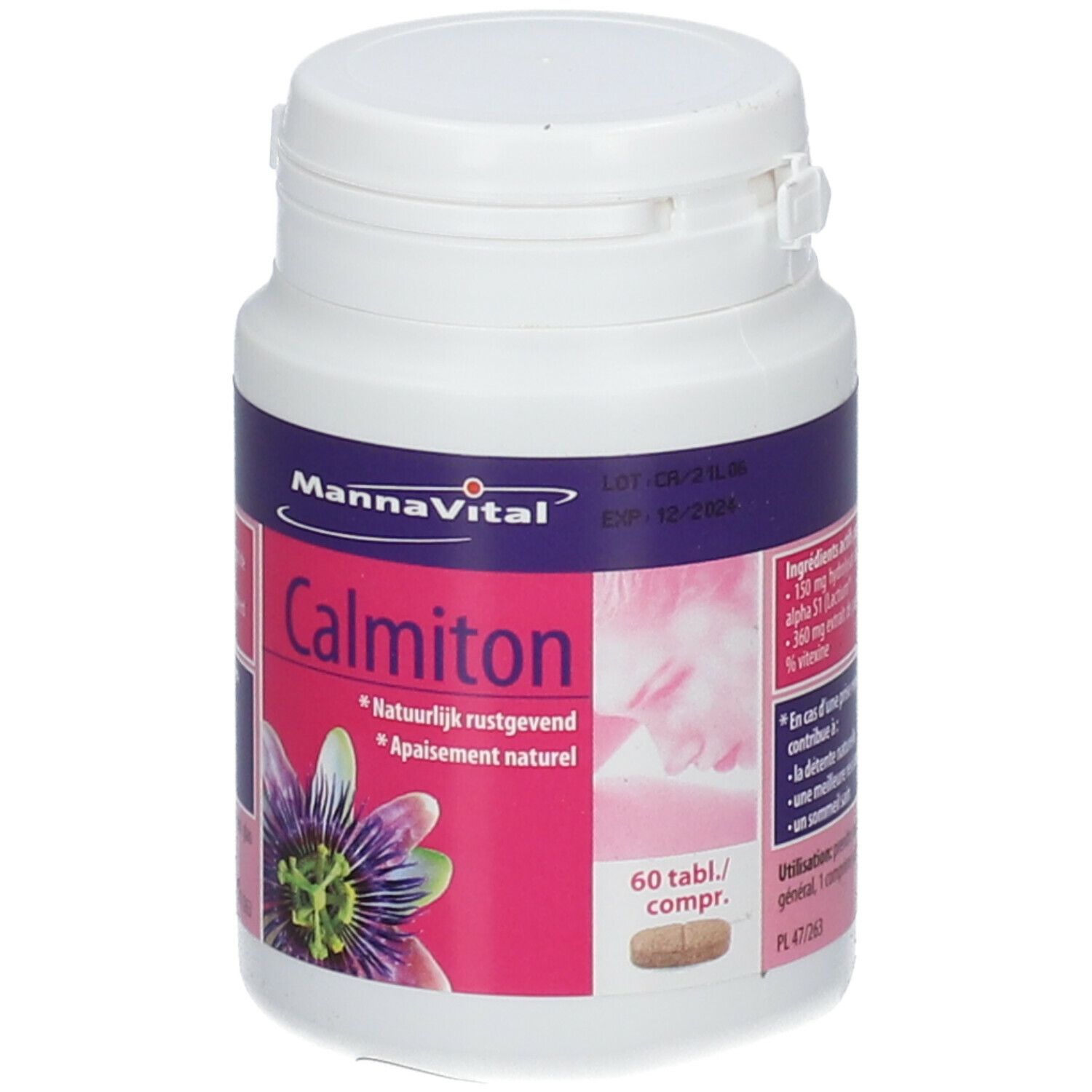 Flacon blanc de Calmiton. Étiquette rose et violette. Inscription: Mannavital Calmiton, 60 comprimés. Bouchon à charnière.