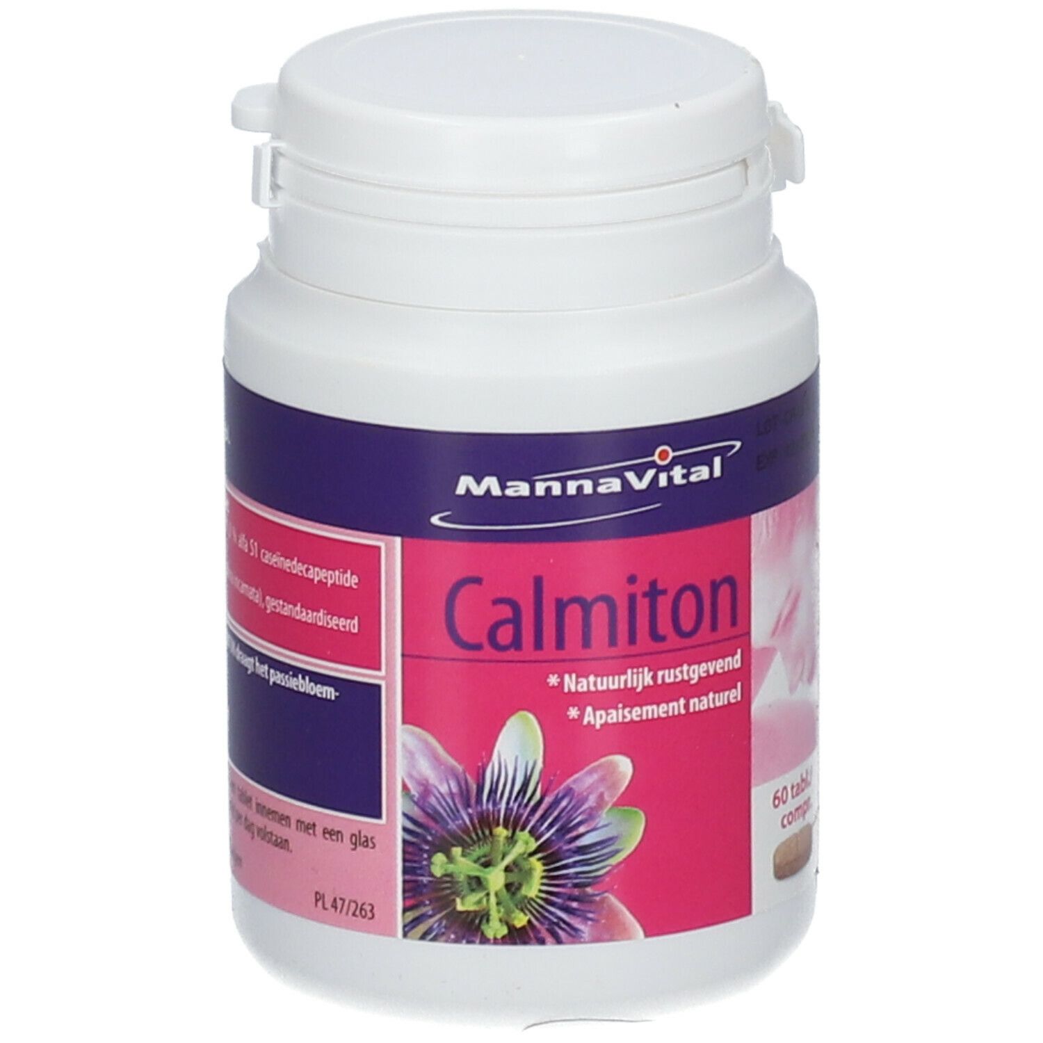 Flacon blanc de Calmiton. Étiquette rose et violette. Inscription: Mannavital Calmiton, 60 comprimés. Bouchon à charnière.
