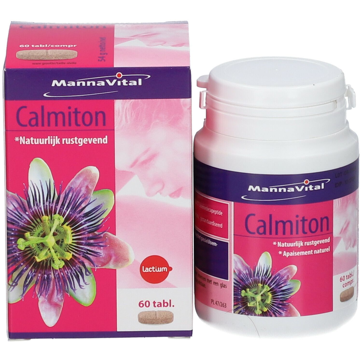 Emballage du produit: boîte et flacon. Boîte avec inscription: Mannavital Calmiton, 60 comprimés. Flacon avec bouchon.