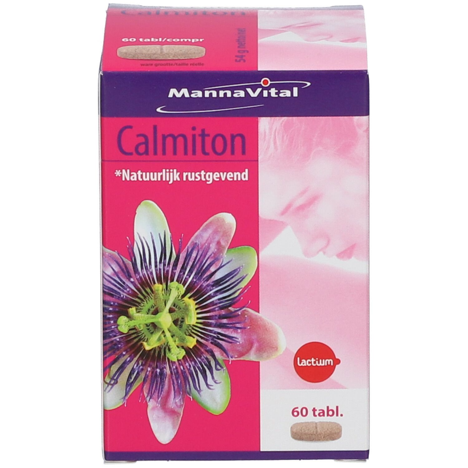 Emballage du produit: boîte avec inscription: Mannavital Calmiton, 60 comprimés. Une tablette est représentée.