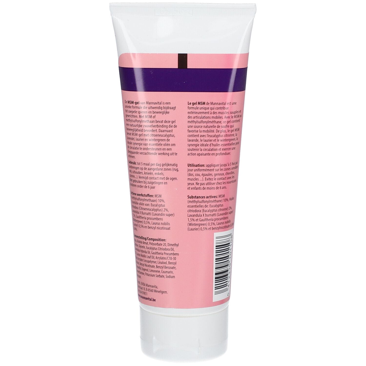 Achterkant van een tube MSM-gel. Tekst in het Nederlands en Frans. Bevat informatie over ingrediënten en gebruik.