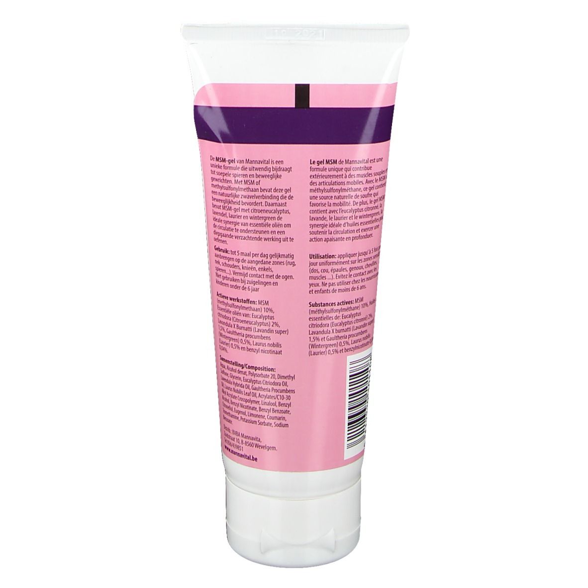 Achterkant van een tube MSM-gel. Tekst in het Nederlands en Frans. Bevat informatie over ingrediënten en gebruik.