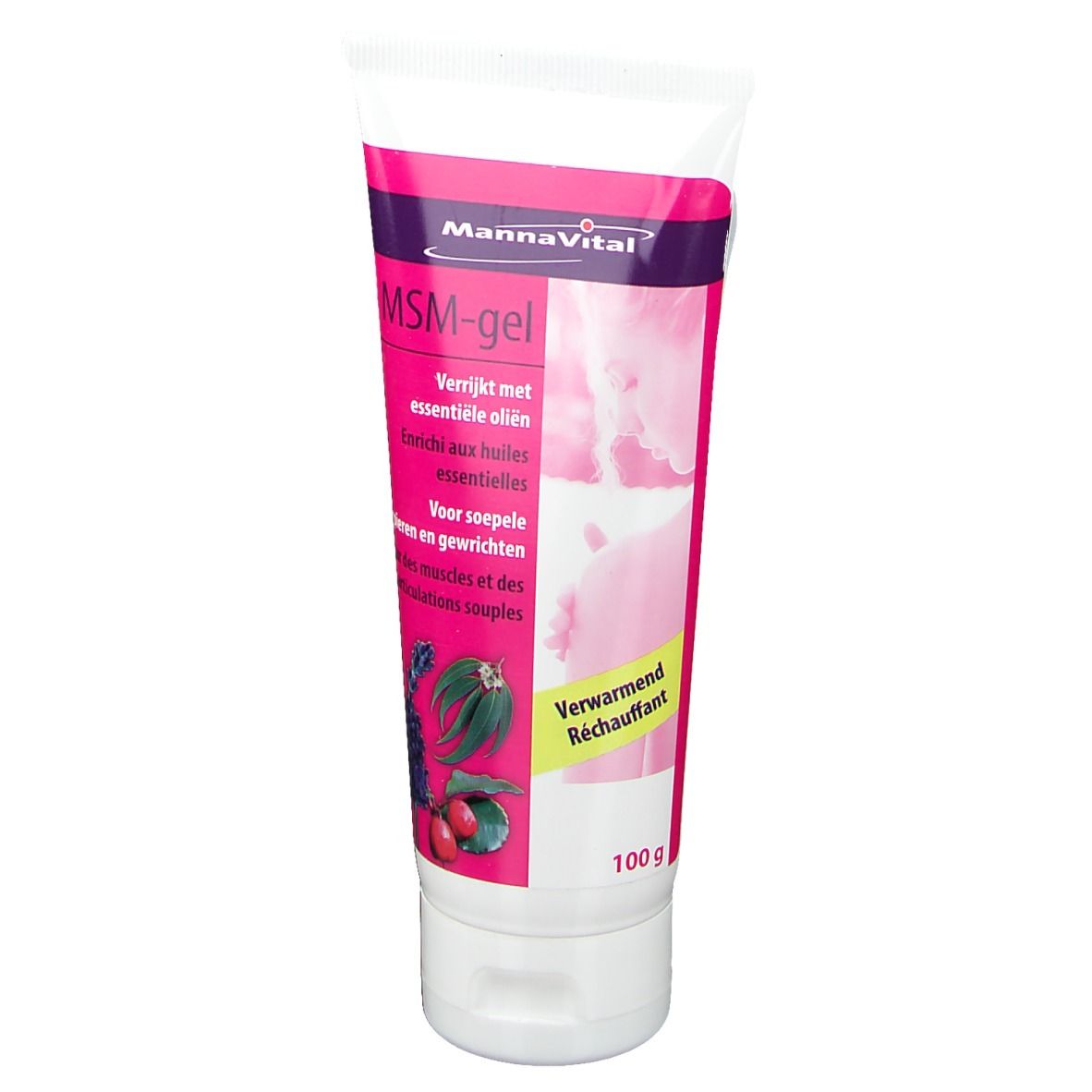 Tube MSM-gel. Merk: Mannavital. Roze-wit design. Bevat essentiële oliën. Opschrift: 'Verwarmend'.