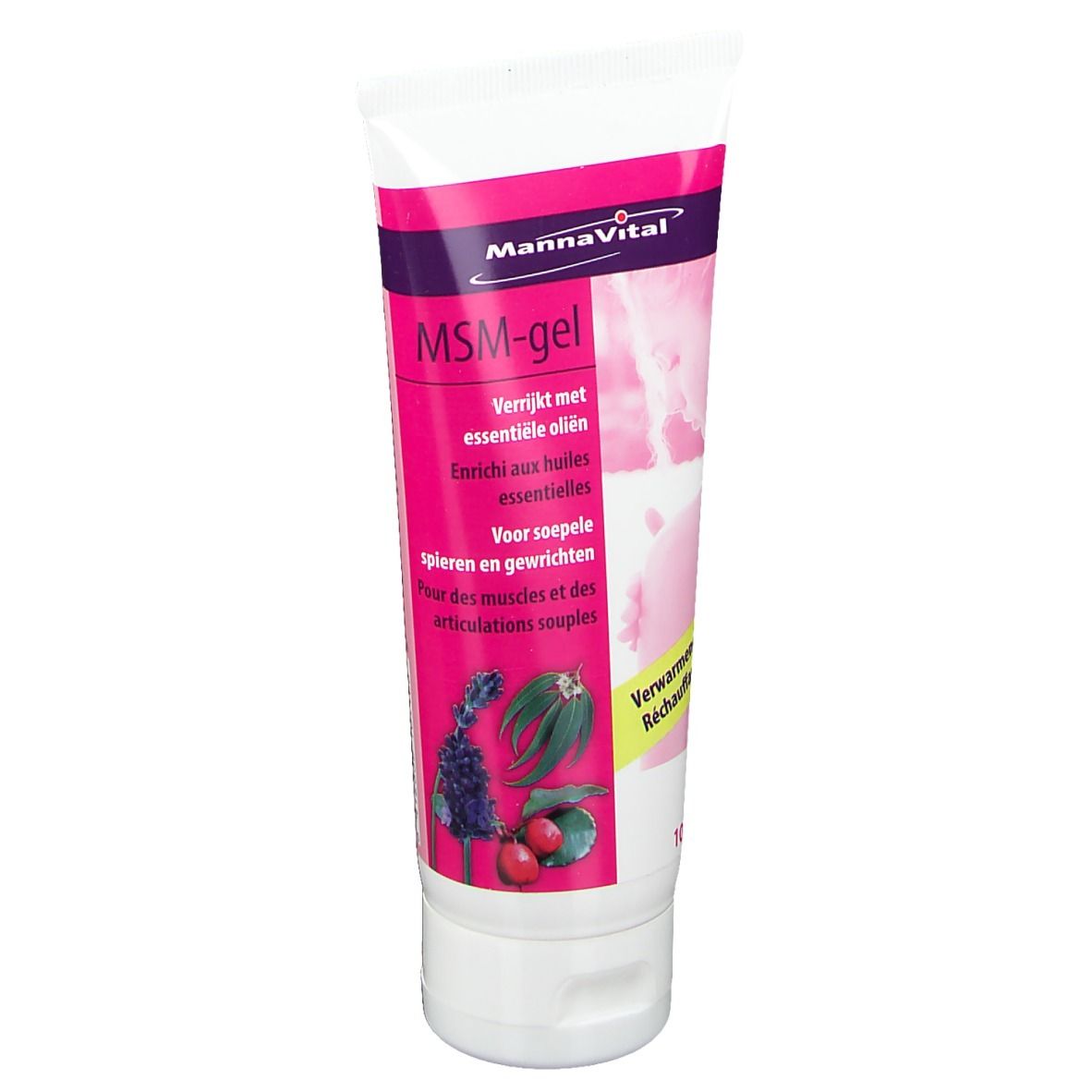 Tube MSM-gel. Merk: Mannavital. Roze-wit design. Bevat essentiële oliën. Opschrift: 'Verwarmend'.