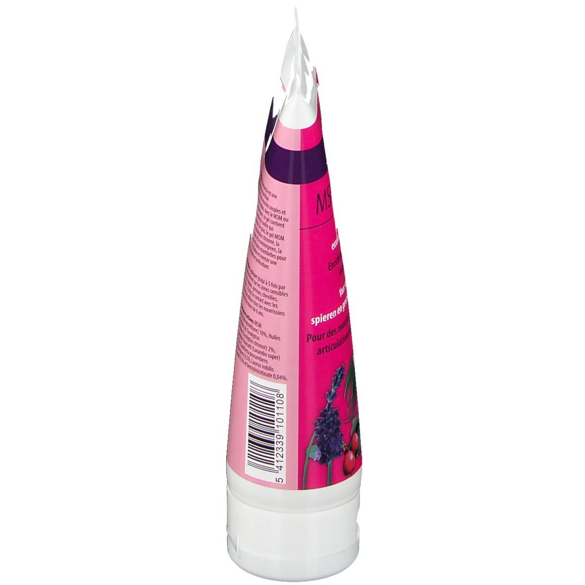 Zijaanzicht van een tube MSM-gel. Roze-wit design. Bevat tekst en een barcode.