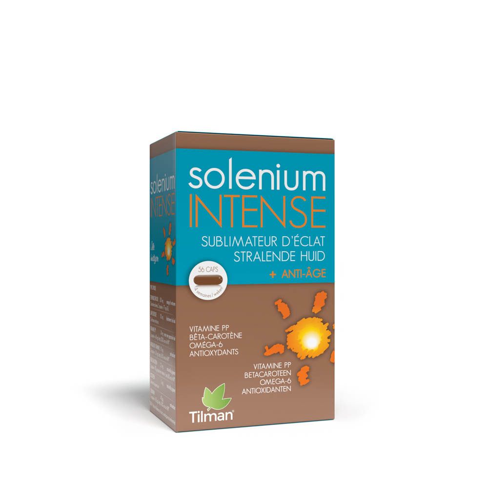 Boîte de Solenium Intense. Contient 56 capsules. Inscription: Sublimateur d'éclat, Stralende huid, Anti-Âge.
