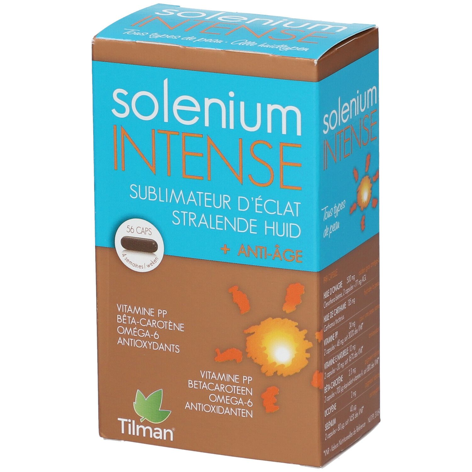 Boîte de Solenium Intense. Contient 56 capsules. Inscription: Sublimateur d'éclat, Stralende huid, Anti-Âge.