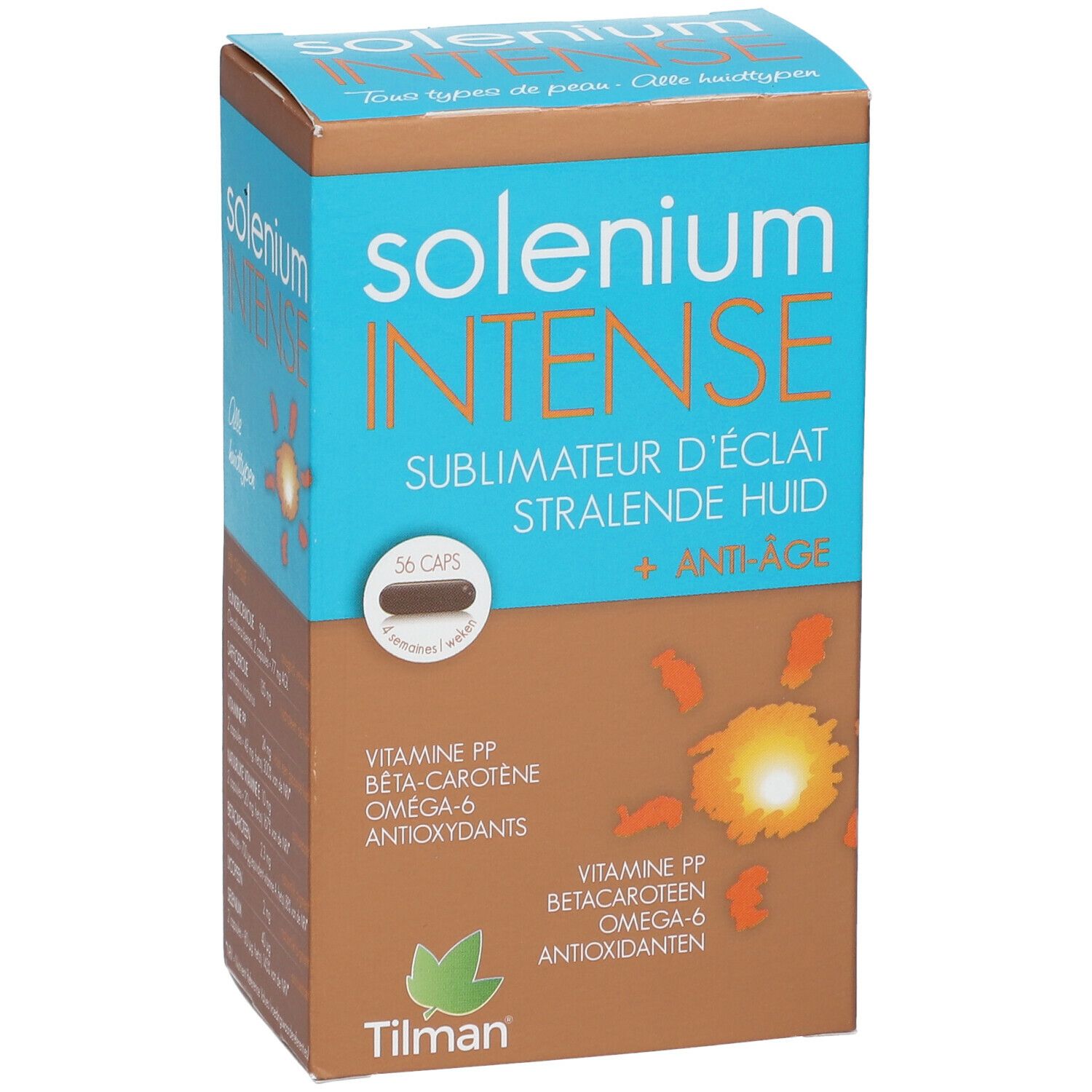 Boîte de Solenium Intense. Contient 56 capsules. Inscription: Sublimateur d'éclat, Stralende huid, Anti-Âge.