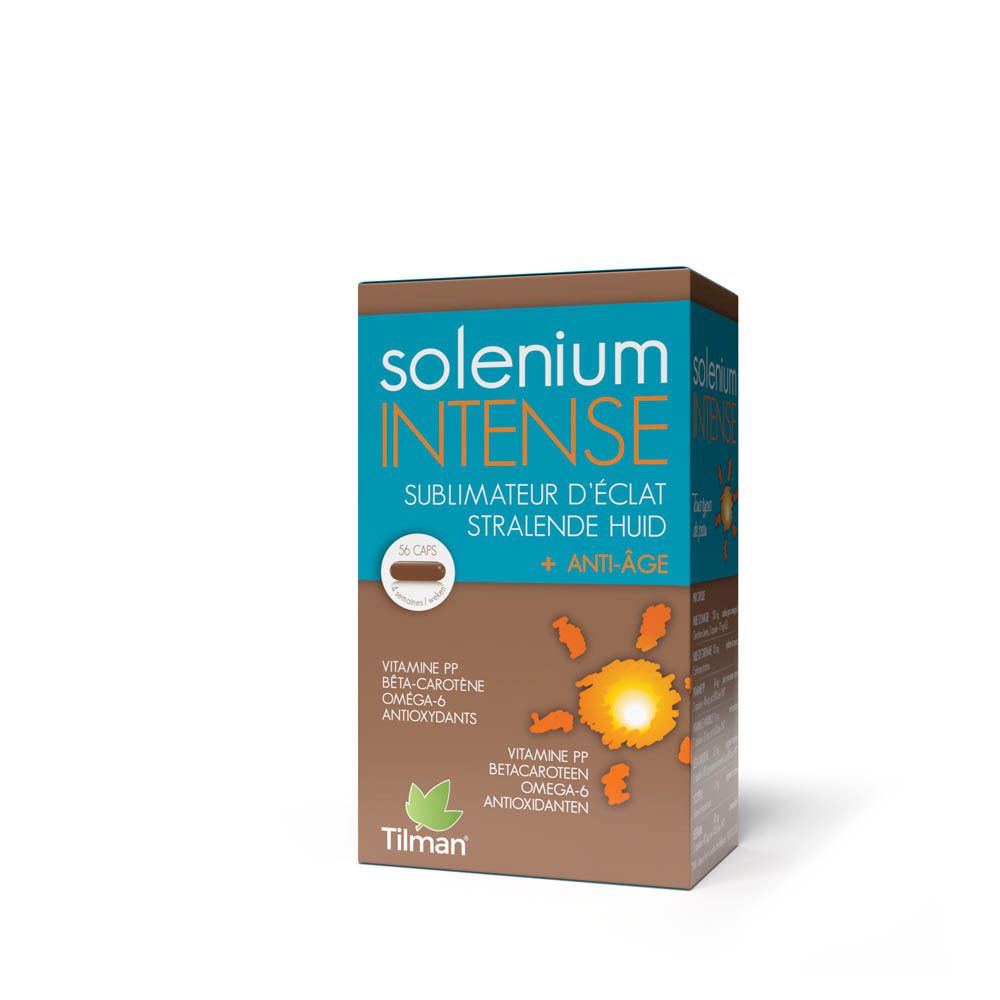 Boîte de Solenium Intense. Contient 56 capsules. Inscription: Sublimateur d'éclat, Stralende huid, Anti-Âge.