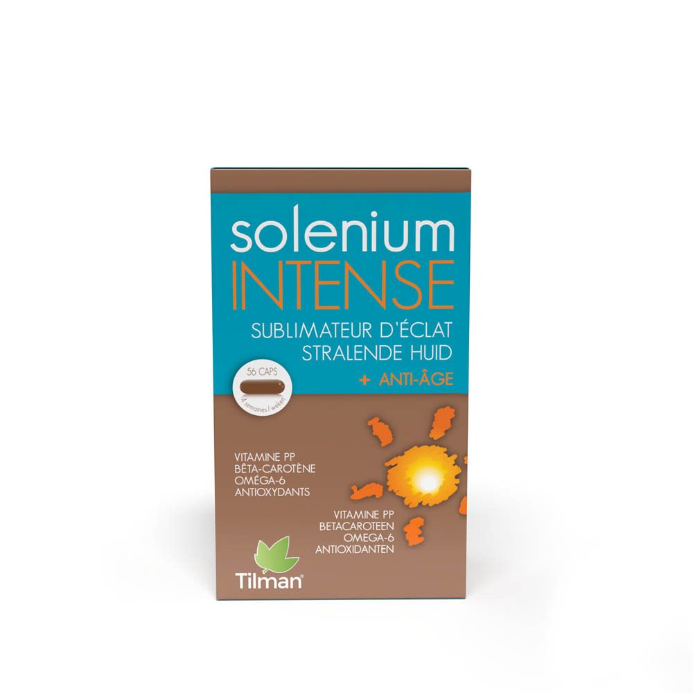 Boîte de Solenium Intense. Contient 56 capsules. Inscription: Sublimateur d'éclat, Stralende huid, Anti-Âge.