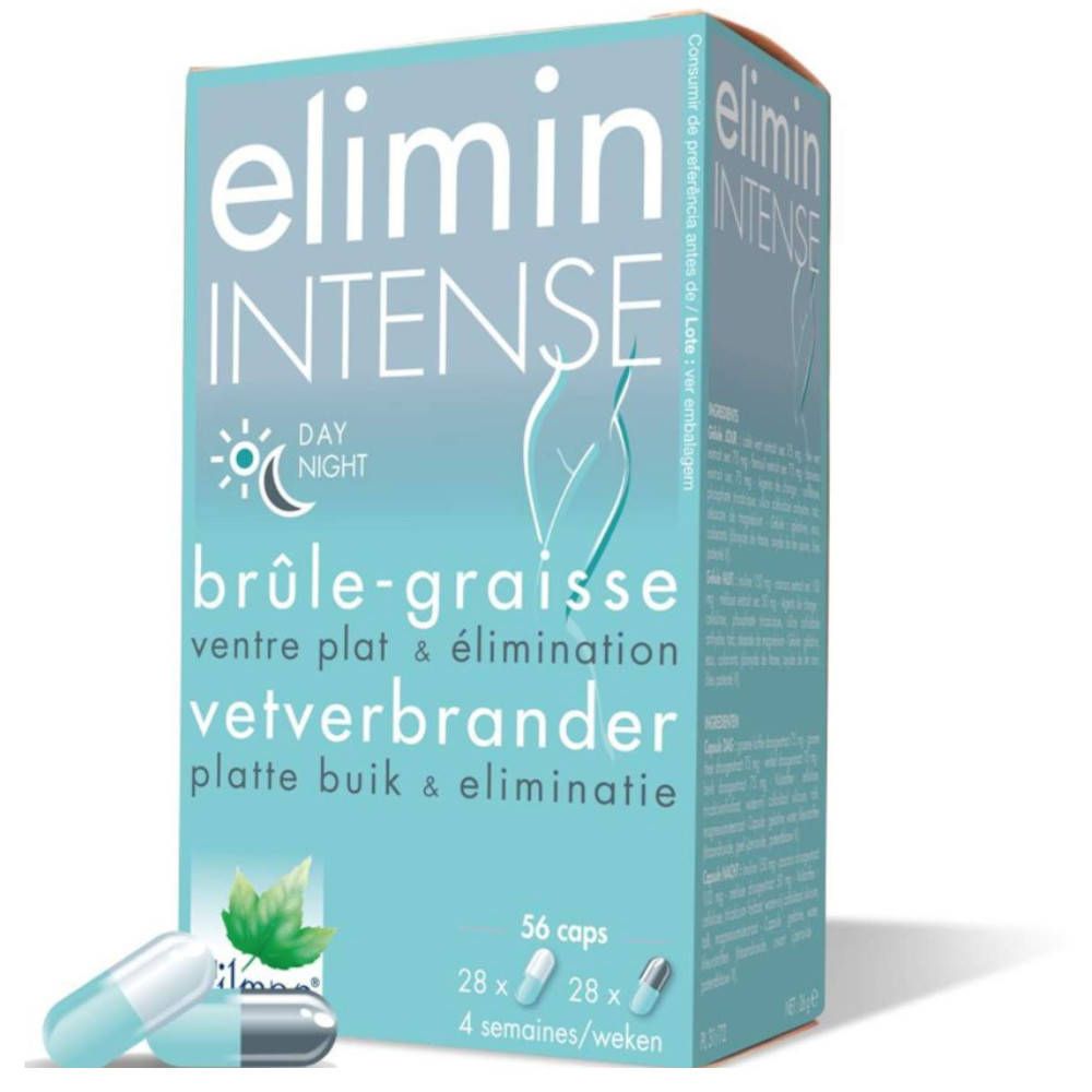 Scatola blu e bianca con scritta 'Elimin Intense'. Contiene capsule. Testo in francese e olandese.