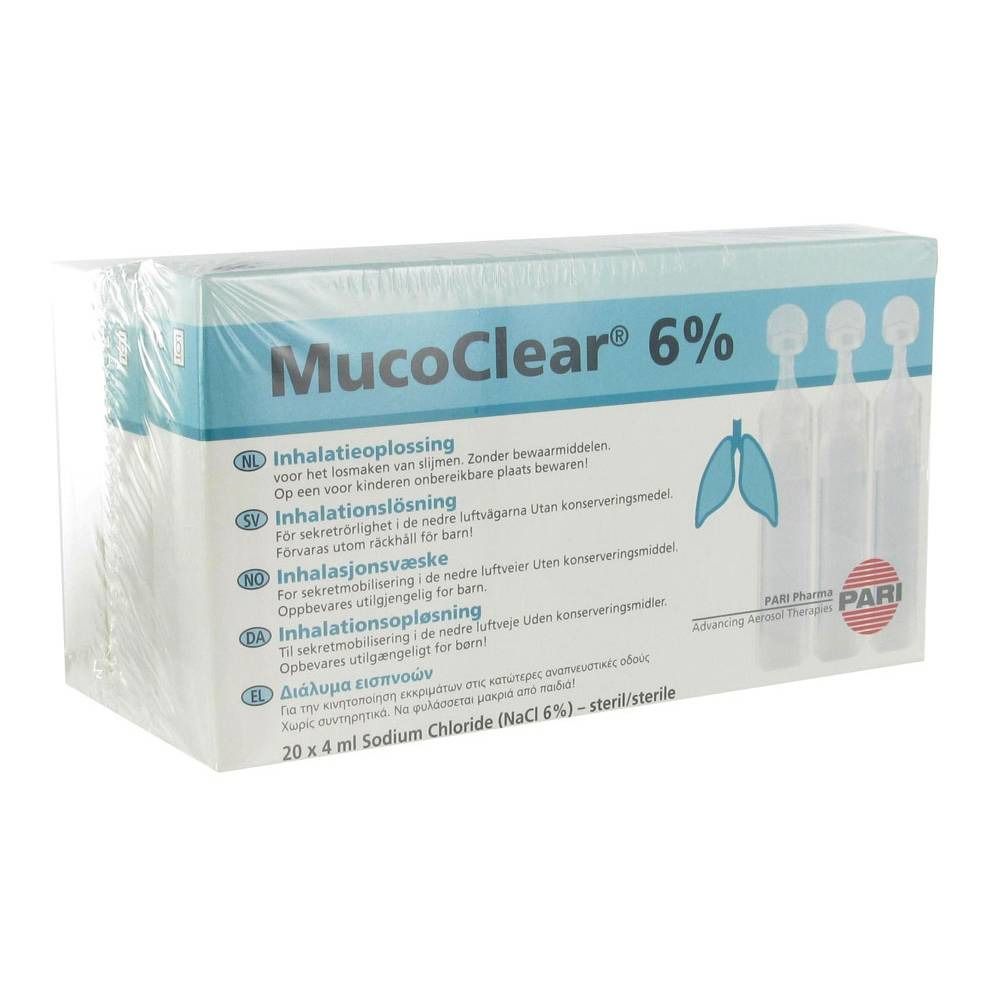 Verpakking Mucoclear® 6% inhalatieoplossing. Bevat 20 ampullen. Productnaam en 6% duidelijk zichtbaar op de verpakking.