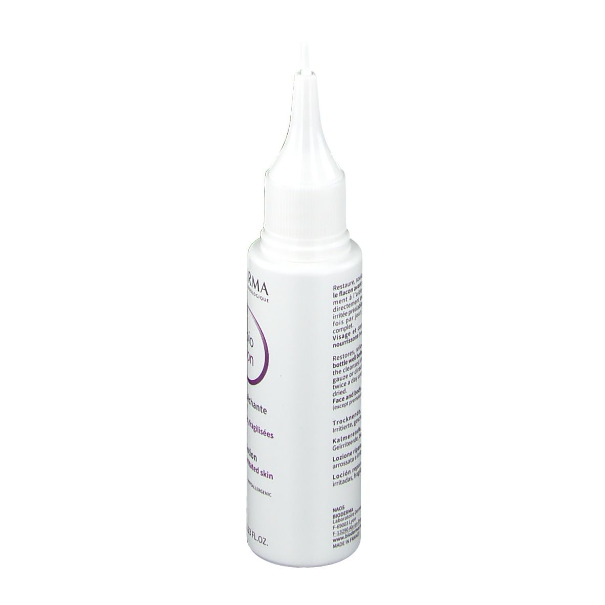 Witte fles met puntige applicator. Tekst: BIODERMA, Cicabio Lotion. Voor beschadigde huid.