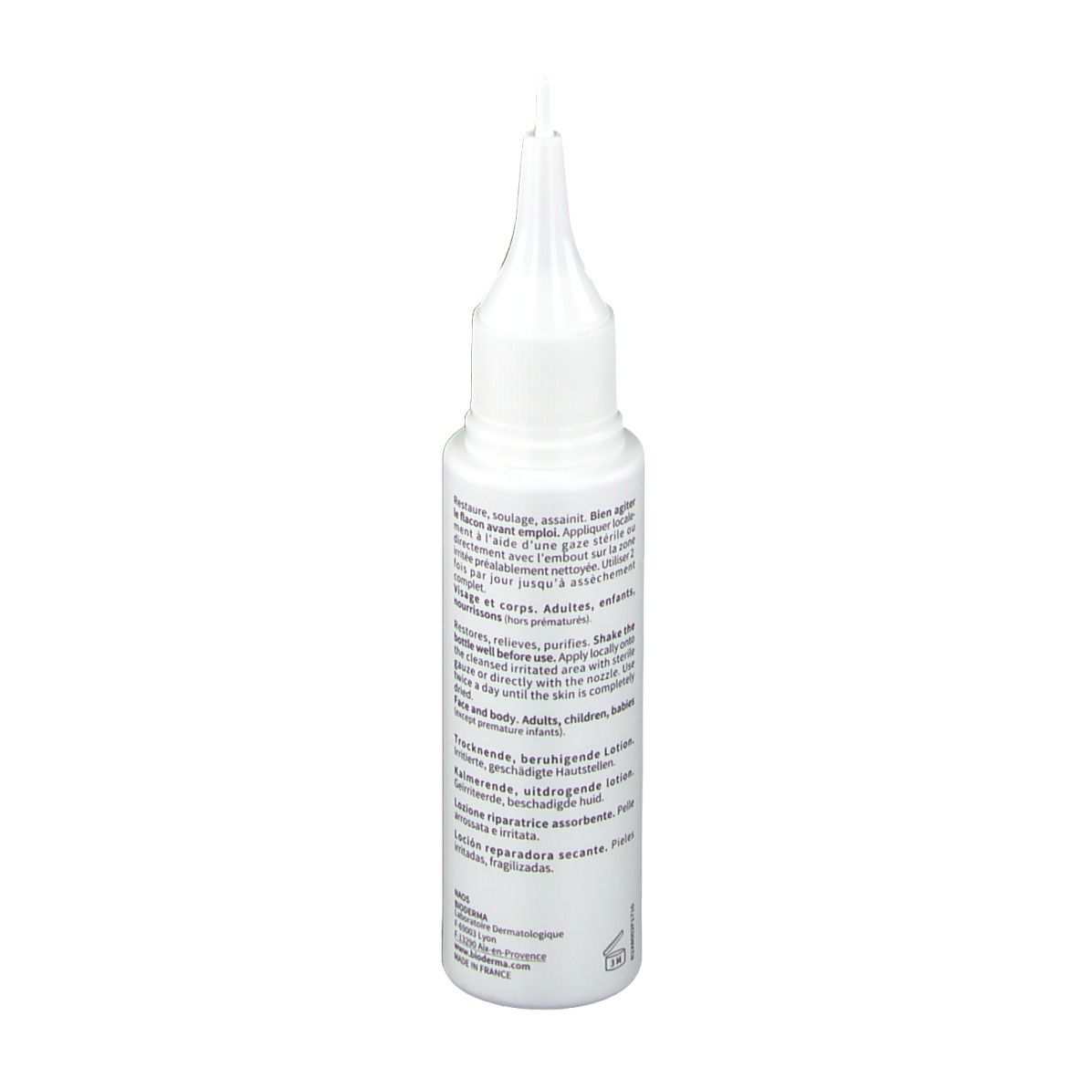 Witte fles met puntige applicator. Tekst: BIODERMA, Cicabio Lotion. Voor beschadigde huid.