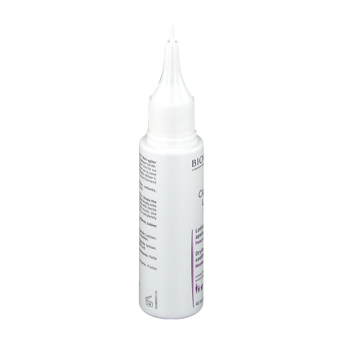 Witte fles met puntige applicator. Tekst: BIODERMA, Cicabio Lotion. Voor beschadigde huid.