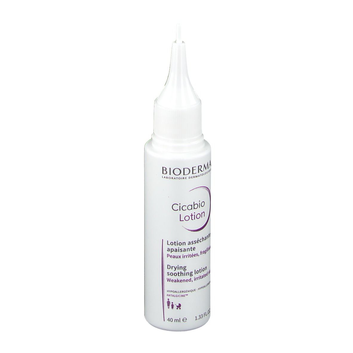 Witte fles met puntige applicator. Tekst: BIODERMA, Cicabio Lotion. Voor beschadigde huid.
