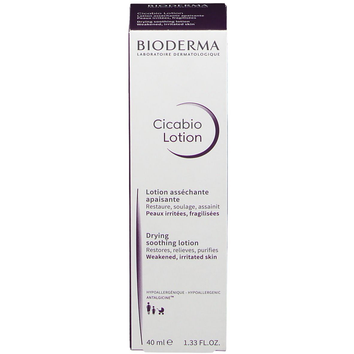 BIODERMA Cicabio Lotion, verpakking. Tekst: Lotion asséchante, Peaux irritées, fragiles.
