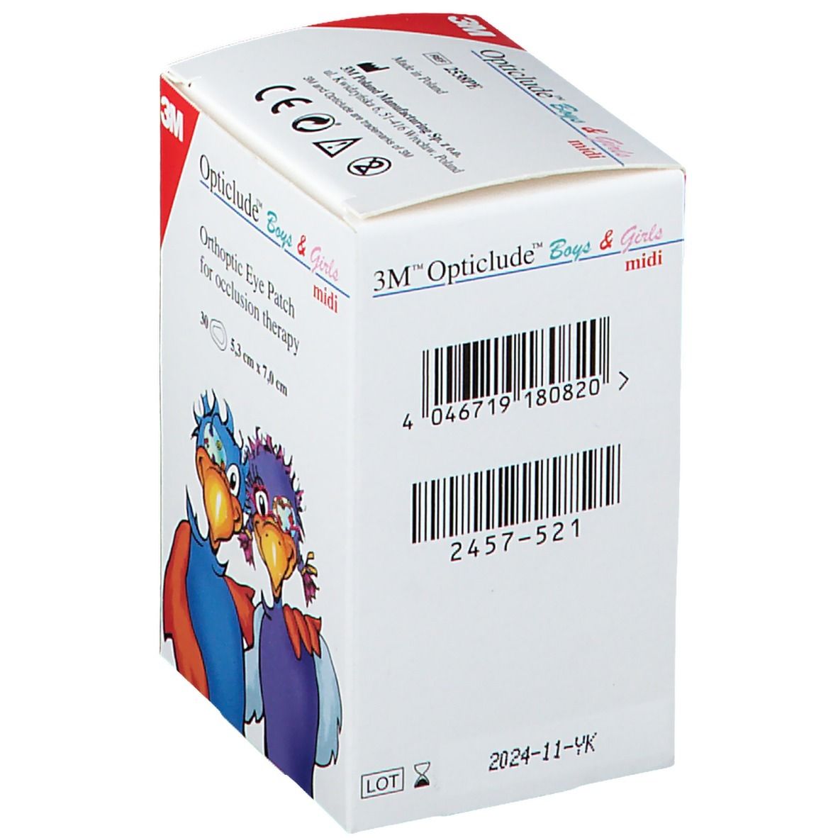 Dos de la boîte 3M Opticlude Boys & Girls. Code-barres et informations produit. Contient 30 pansements, 5,3 x 7,0 cm.