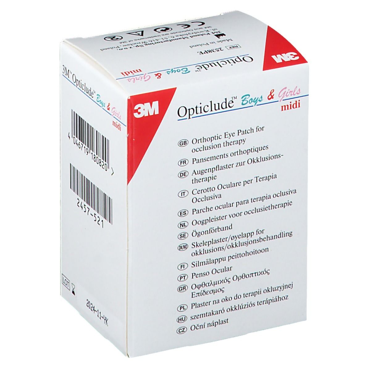 Boîte 3M Opticlude Boys & Girls. Informations produit multilingues. Contient 30 pansements, 5,3 x 7,0 cm.