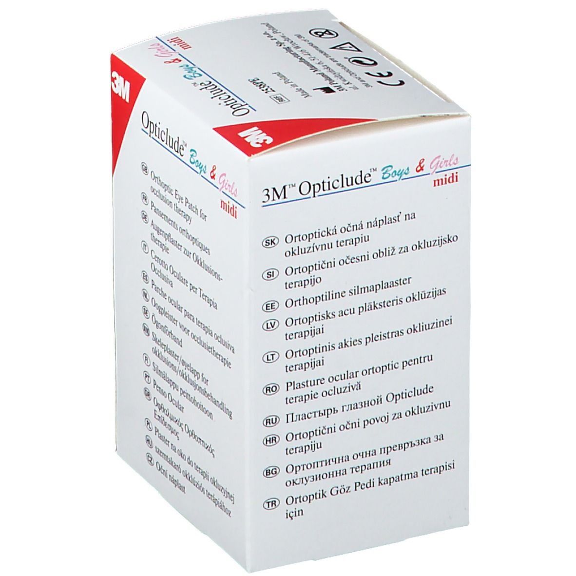 Boîte 3M Opticlude Boys & Girls. Informations produit multilingues. Contient 30 pansements, 5,3 x 7,0 cm.