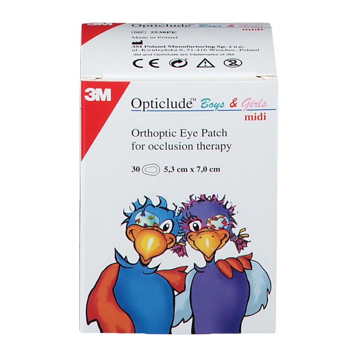 Boîte 3M Opticlude Boys & Girls. Contient 30 pansements oculaires, 5,3 x 7,0 cm. Illustrations d'oiseaux.