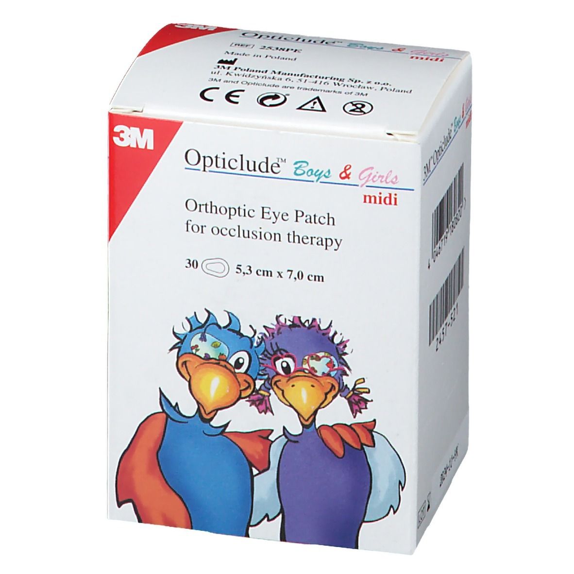 Boîte 3M Opticlude Boys & Girls. Contient 30 pansements oculaires, 5,3 x 7,0 cm. Illustrations d'oiseaux.