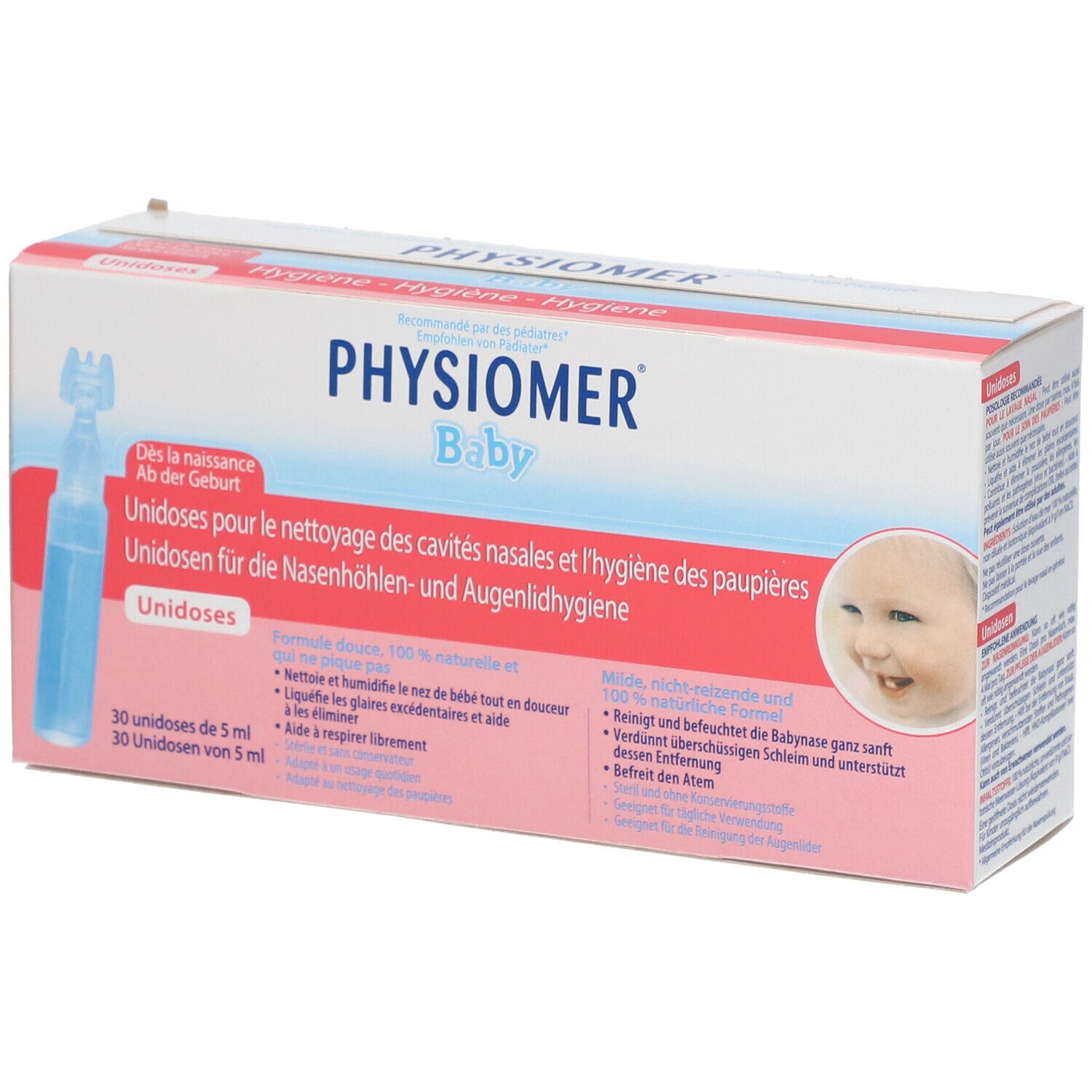 Verpakking van Physiomer Baby Unidoses. Bevat 30 unidoses. Opschrift: Voor de neusholte- en ooglidhygiëne.