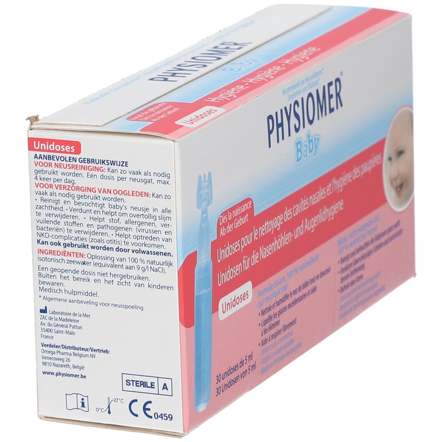 Verpakking van Physiomer Baby Unidoses. Bevat 30 unidoses. Opschrift: Voor de neusholte- en ooglidhygiëne. Sterile A.