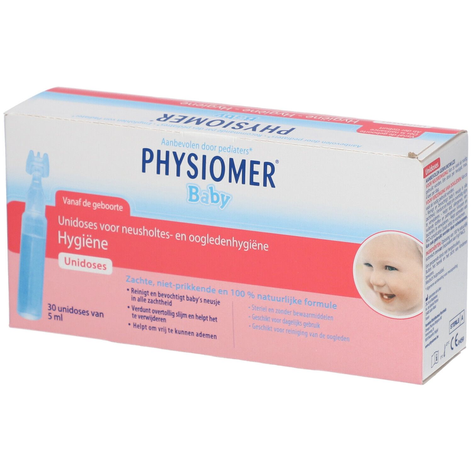 Verpakking van Physiomer Baby Unidoses. Bevat 30 unidoses. Opschrift: Voor de neusholte- en ooglidhygiëne.