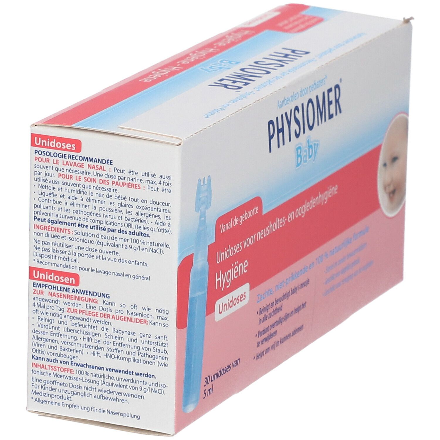 Verpakking van Physiomer Baby Unidoses. Bevat 30 unidoses. Opschrift: Voor de neusholte- en ooglidhygiëne.