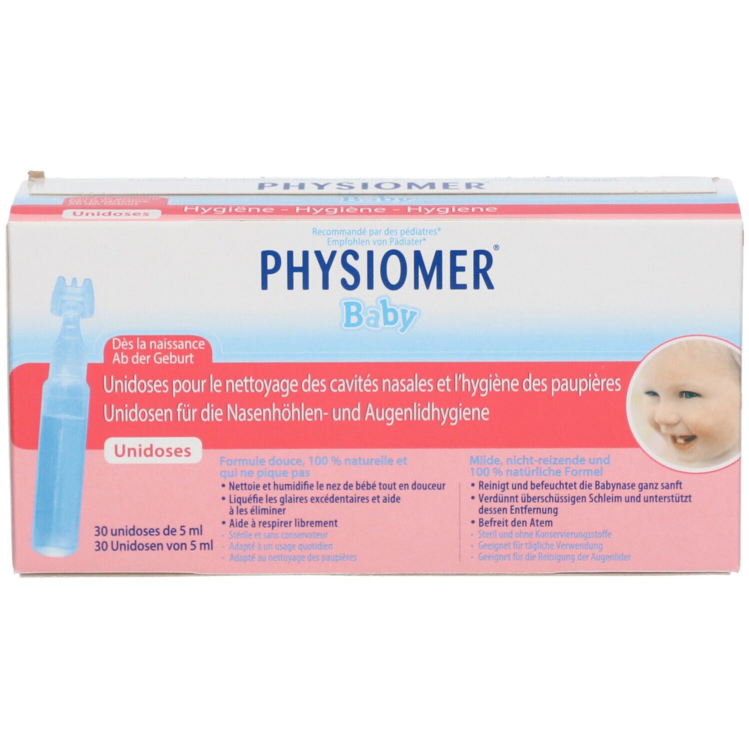 Verpakking van Physiomer Baby Unidoses. Bevat 30 unidoses. Opschrift: Voor de neusholte- en ooglidhygiëne.