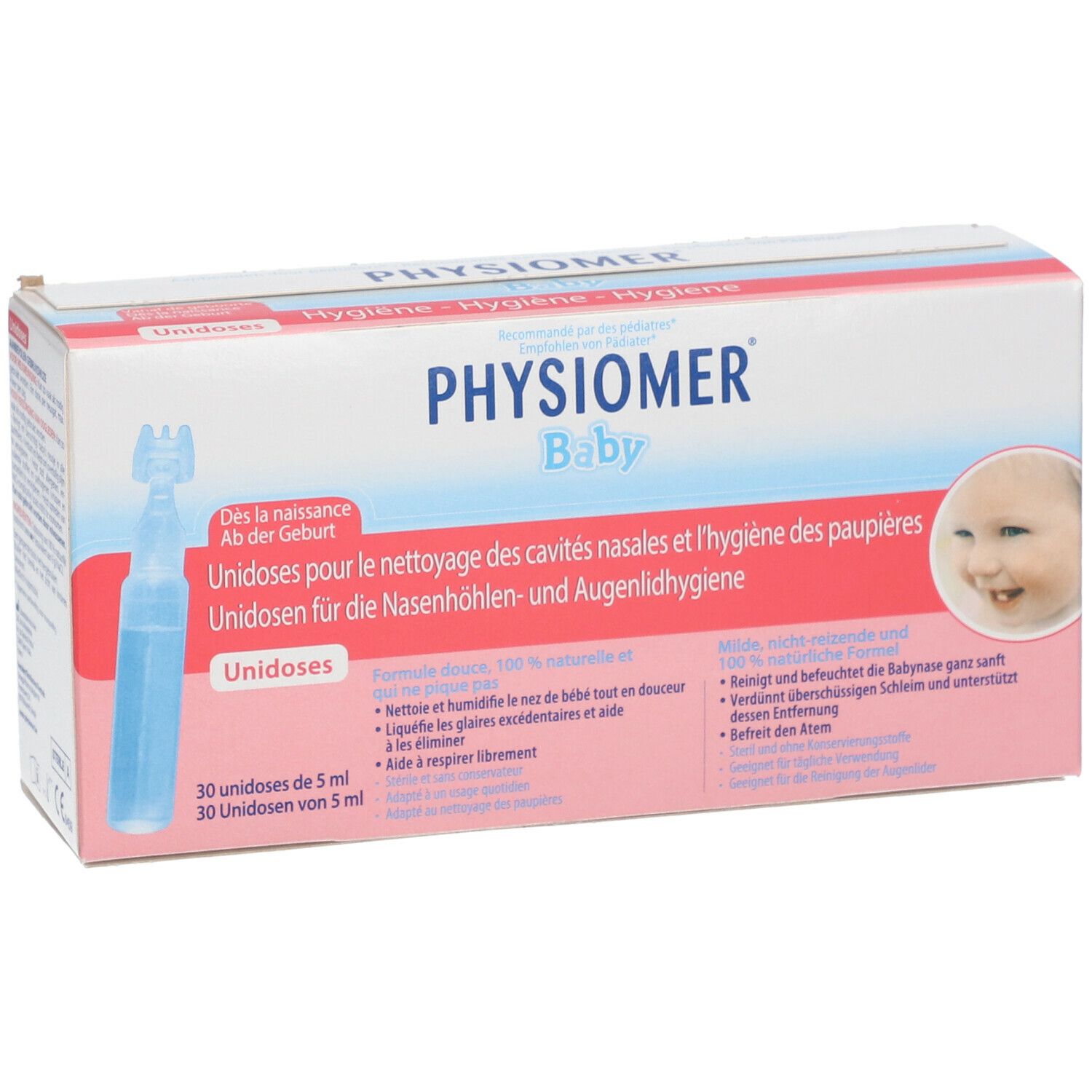 Verpakking van Physiomer Baby Unidoses. Bevat 30 unidoses. Opschrift: Voor de neusholte- en ooglidhygiëne.