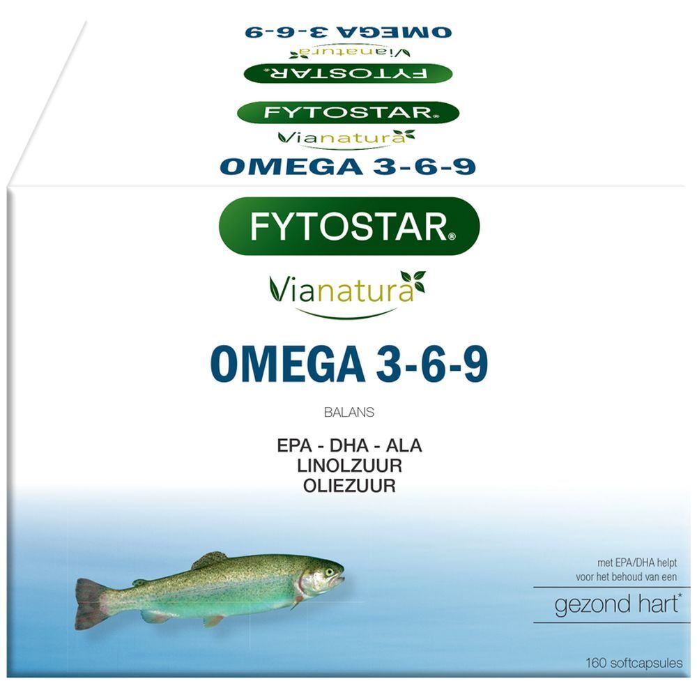 Verpakking van Omega 3-6-9, Vianatura. Bevat 160 softgels. Vis-illustratie. Tekst: EPA, DHA, ALA, Linolzuur, Oliezuur.