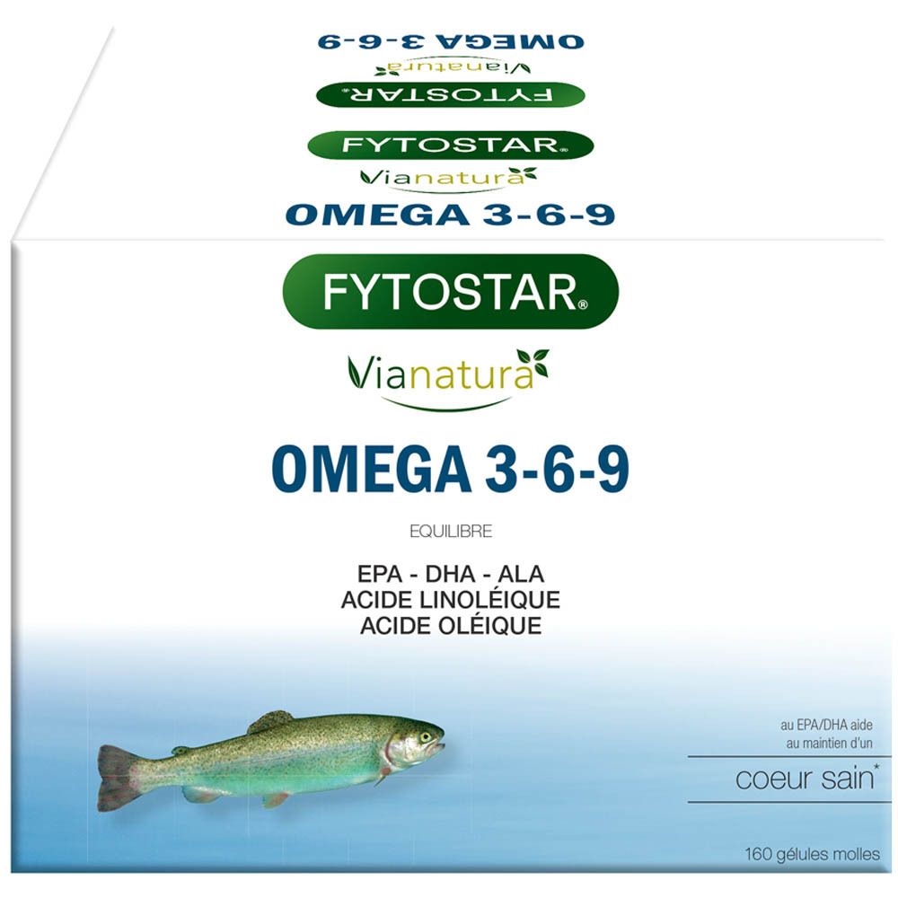 Texte sur fond blanc. Omega 3-6-9, Vianatura. Texte: EPA, DHA, ALA, Acide linoléique, Acide oléique. Illustration de poisson.