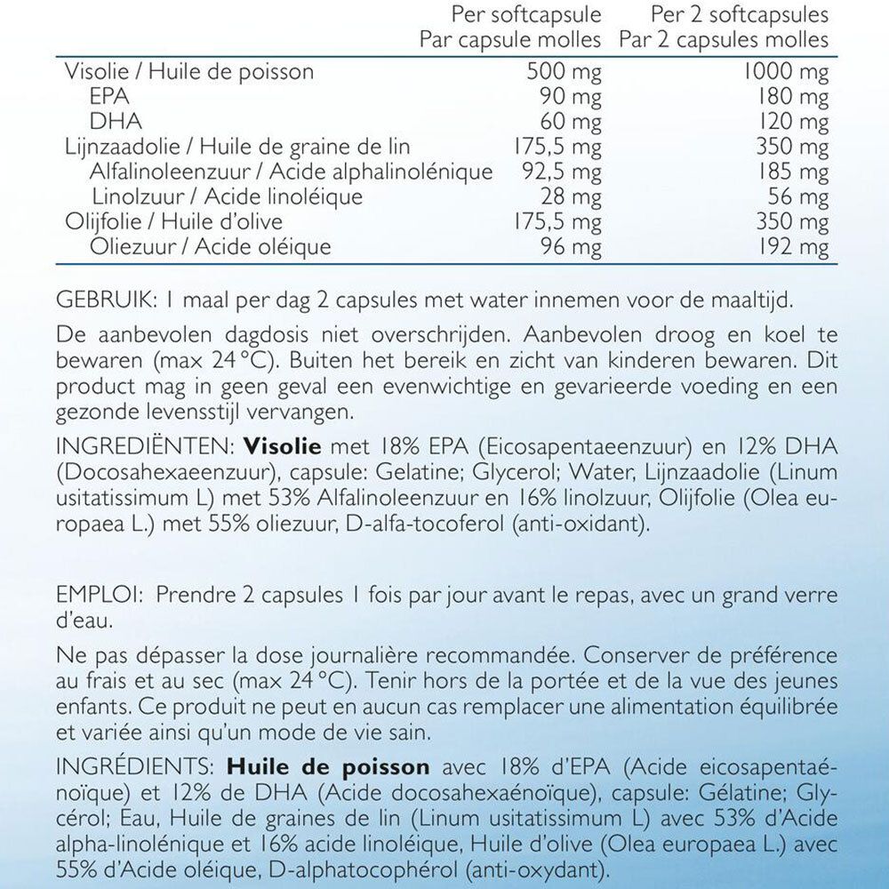 Texte sur fond blanc. Ingrédients et instructions d'utilisation pour Omega 3-6-9. Contient de l'huile de poisson.