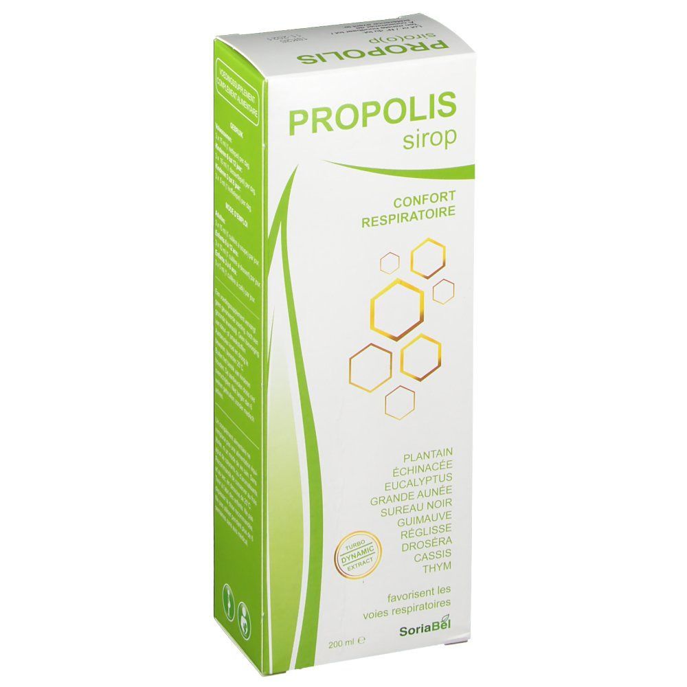 Wit en groene doos. Opschrift PROPOLIS sirop, daaronder 'Confort respiratoire'. Ingrediënten en logo.