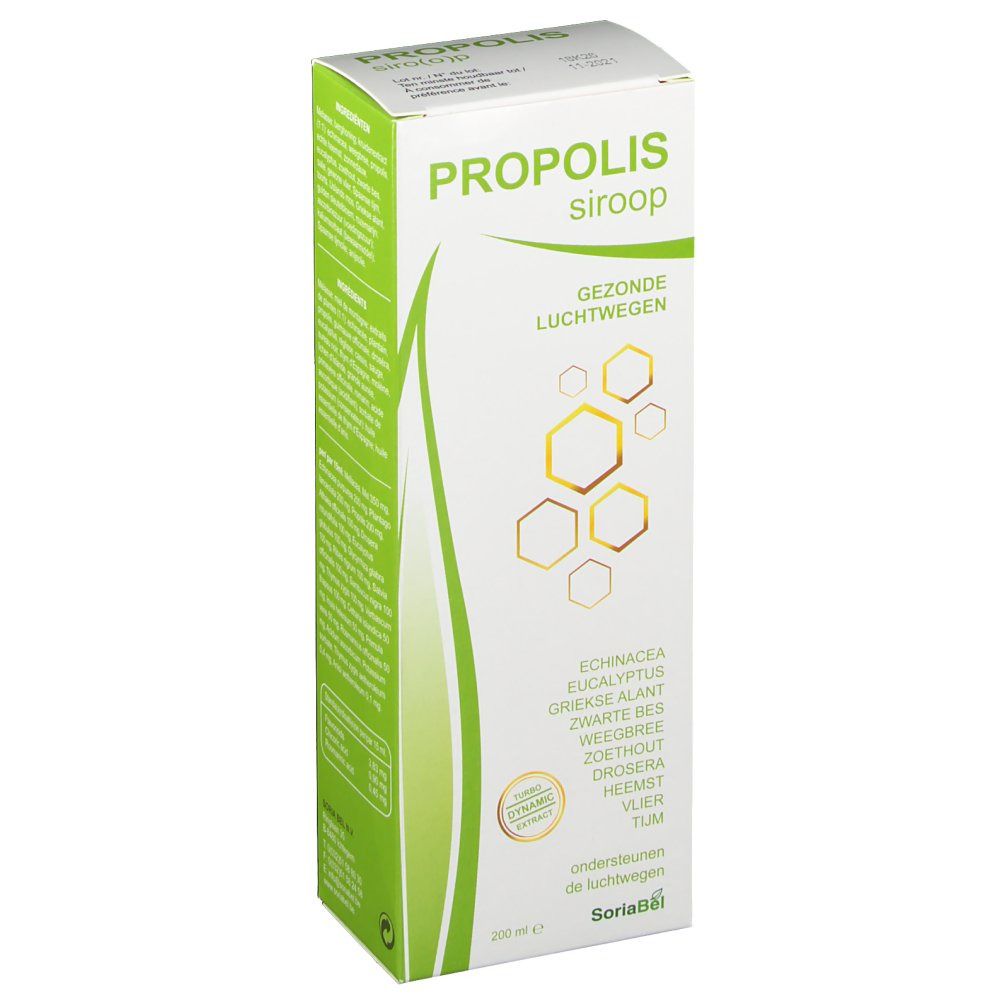 Wit en groene doos. Opschrift PROPOLIS sirop, daaronder 'Gezonde luchtwegen'. Ingrediënten en logo.