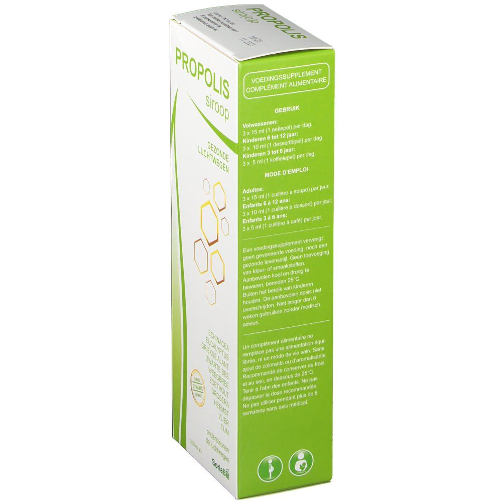 Groene en witte doos. Opschrift PROPOLIS sirop. Dosering en ingrediënten op de zijkant.