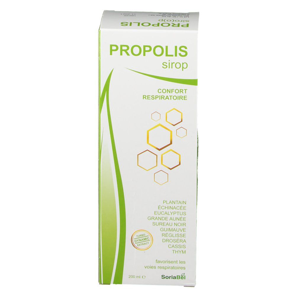 Wit en groene doos. Opschrift PROPOLIS sirop, daaronder 'Confort respiratoire'. Ingrediënten en logo.