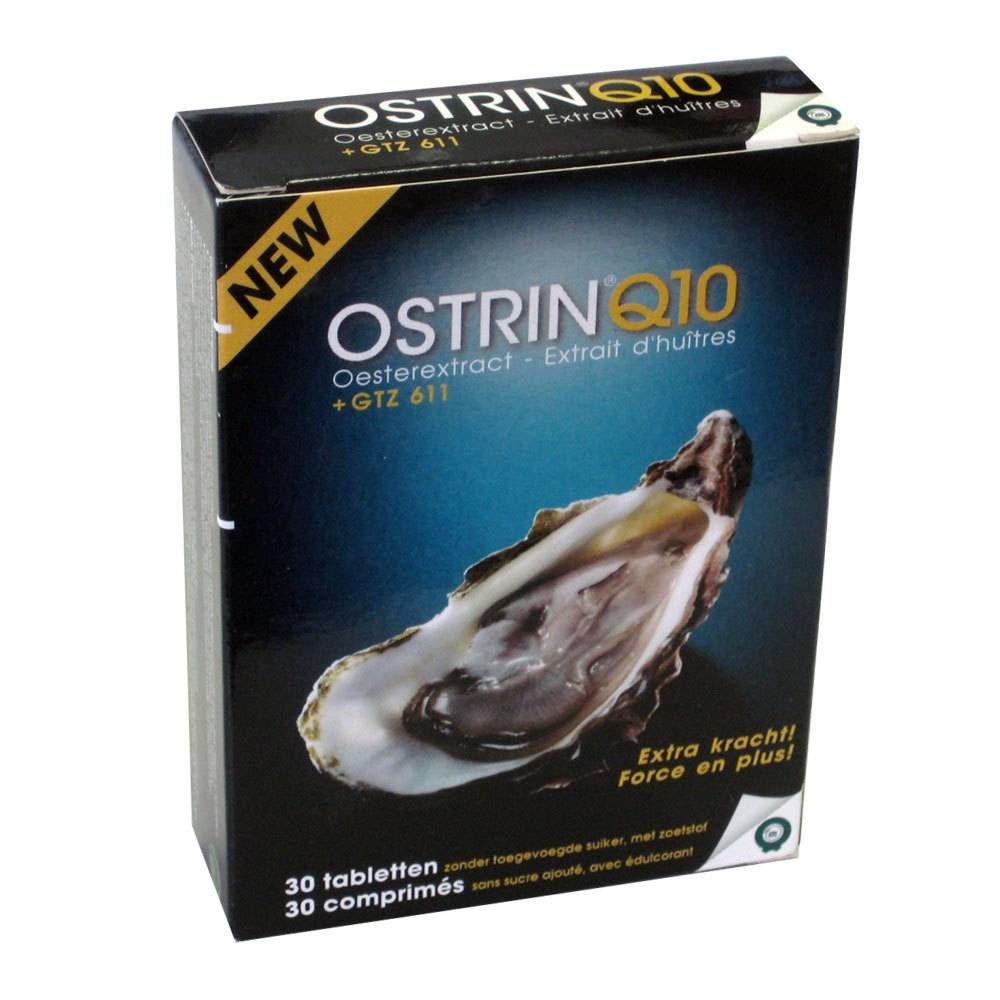 Boîte OSTRIN Q10. Inscription: Oesterextract, 30 comprimés, Force en plus. Image d'une huître.