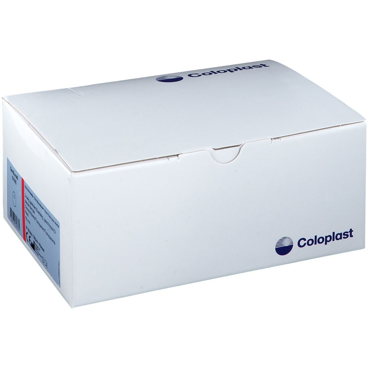 Boîte blanche avec logo Coloplast. Informations produit sur le côté. Forme carrée.